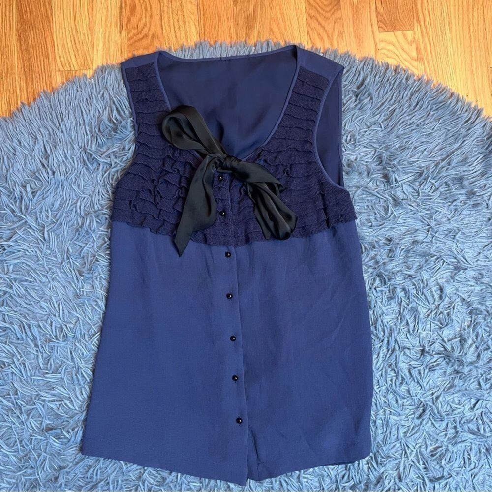 Ann Taylor Navy Mixed Media Silk Wool Ruffle Bow Blouse Size S